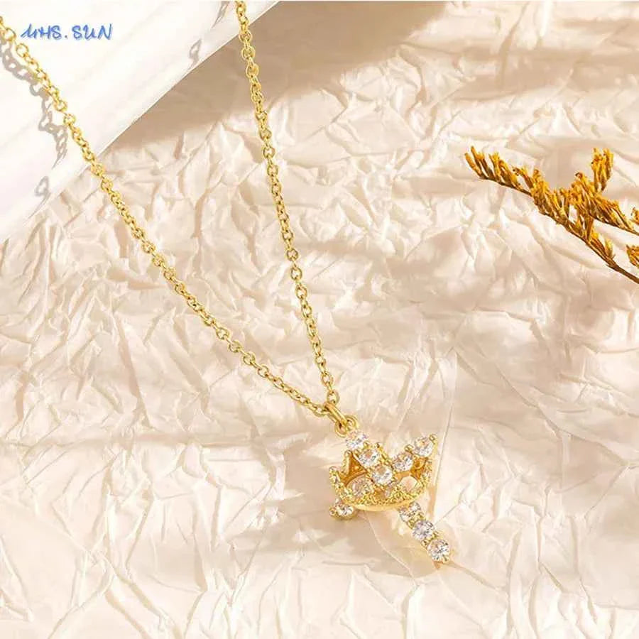SUNSLL Cubic Zircon Rotatable Crown Cross Pendant Necklaces Classic Stainless Steel Chain Banquet Party Jewelry For Women Men