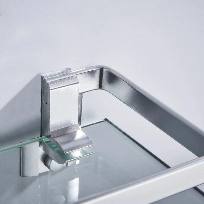 Tempered Glass Bathroom Shelf Aluminum Storage Rack Rectangular 30 40 50cm 1 Tier Silver Sand Sprayed Wall Mounted