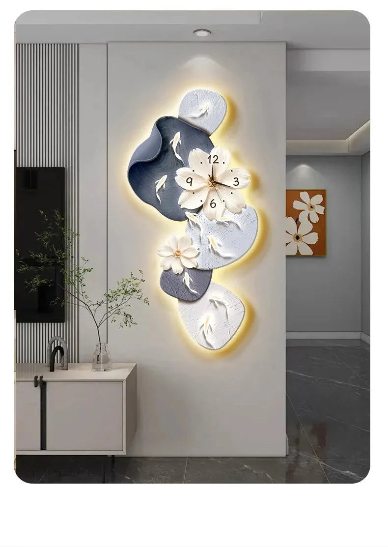 Wall Clock Modern Minimalist Nine Koi Fish Large Silent Wall Clock Home Decor Living Room Bedroom TV Background No Drilling