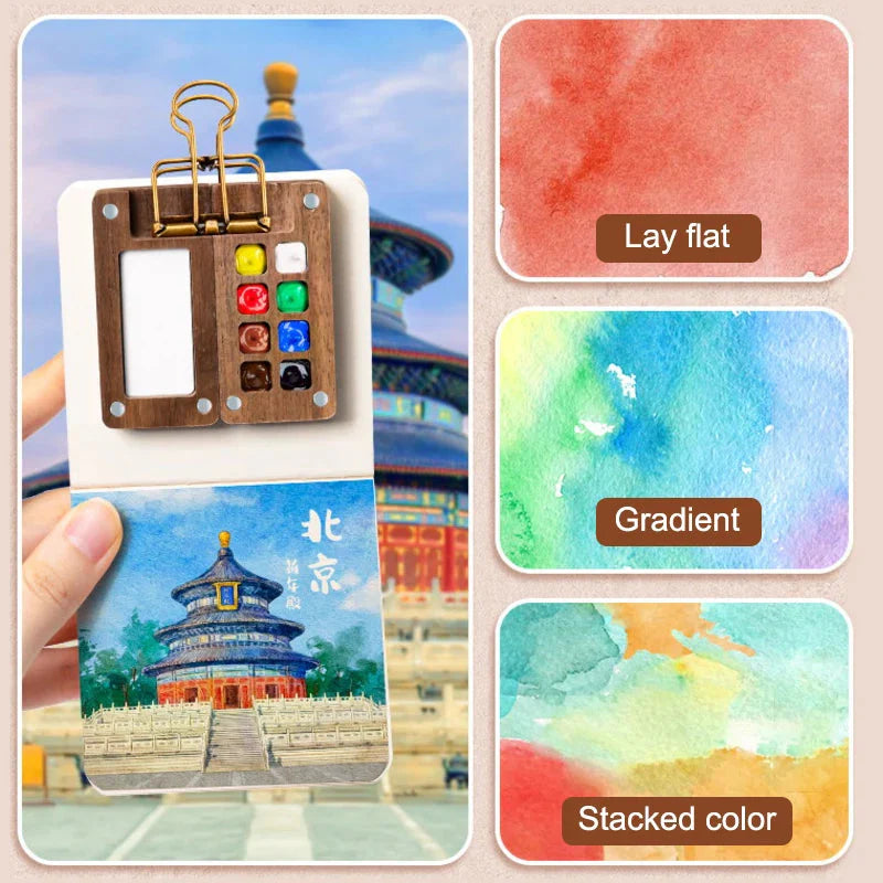 1pc Art Supplies Sketchbook Palette Mini Walnut Wood Watercolor Palette Portable Paint Box With Clip Travel Painting Paint Tray