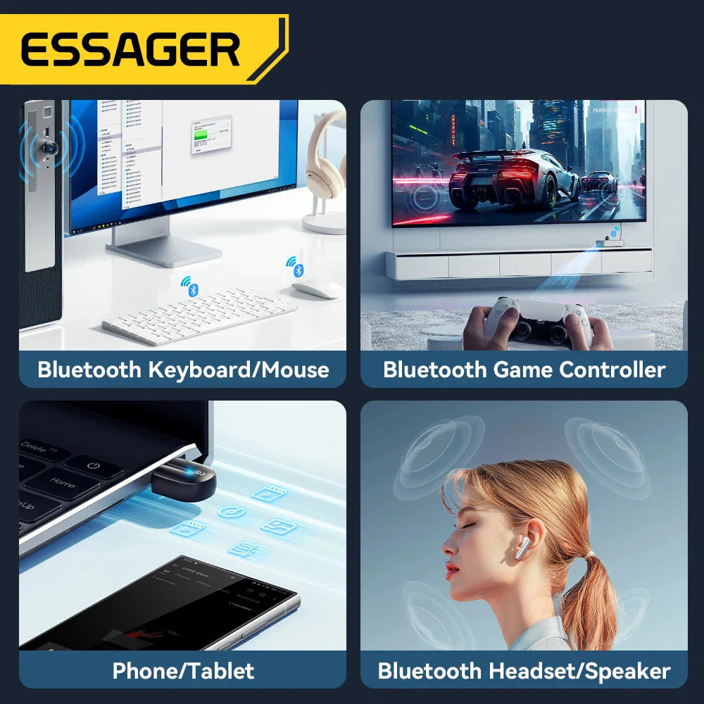 Essager USB Bluetooth 5.3 Adapter Aux Audio Receiver Transmitter For PC Speaker Laptop Wireless Mouse soundbox USB Transmitter