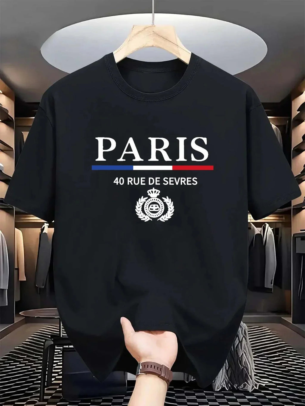 Men's summer 100% cotton fashionable casual loose classic Paris pattern printed sports round neck short sleeved T-shirt top