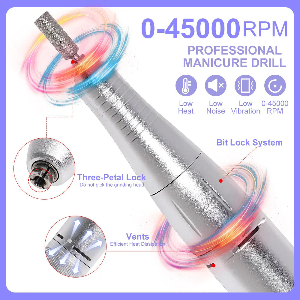 45000RPM Professional Nail Drill Machine Rechargeable Low Noise Electric Nail Drill Sander File for Manicure Gel  Polish Tool