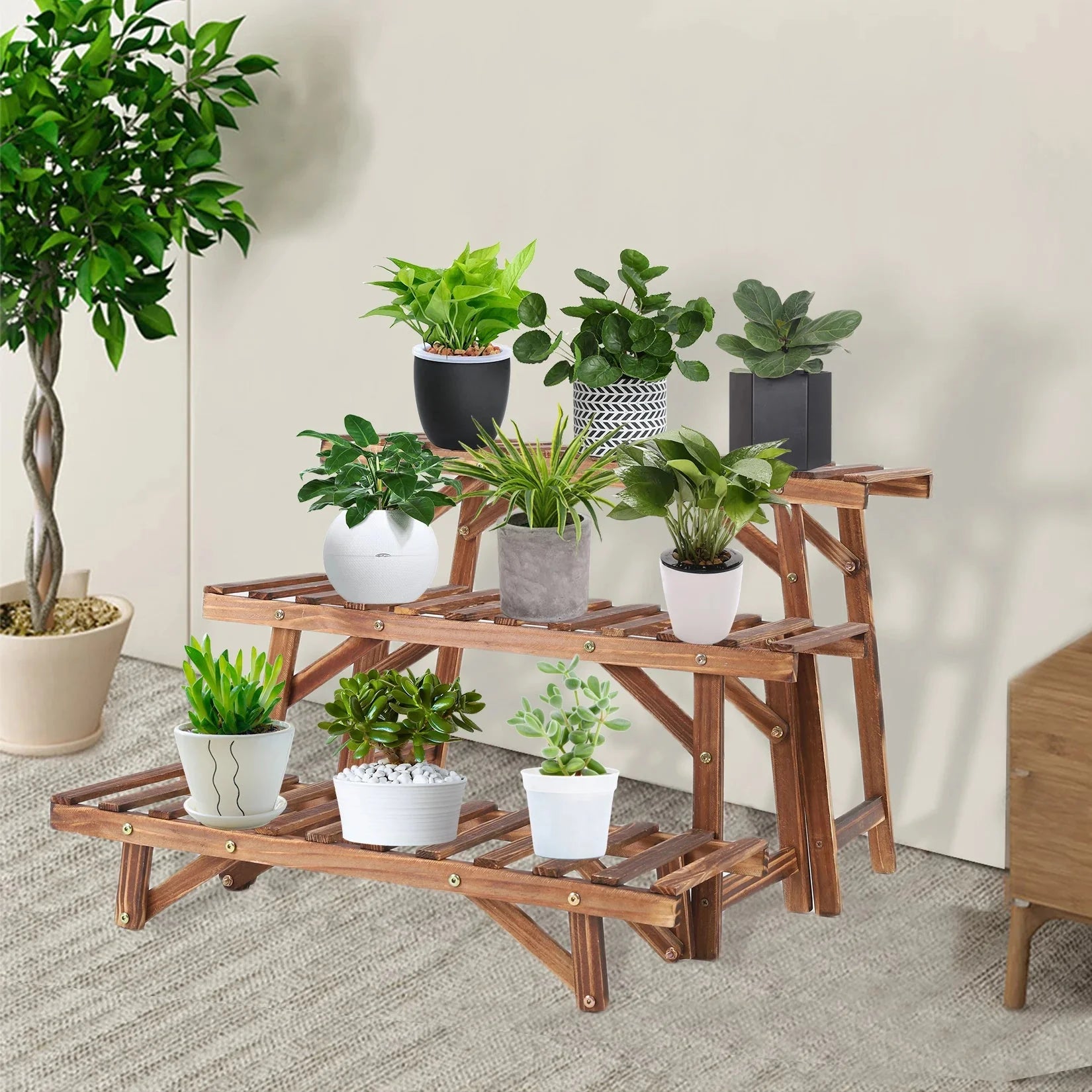 3 Tier Wood Ladder Shelf Corner Plant Stand Indoor Outdoor Flower Pot Rack