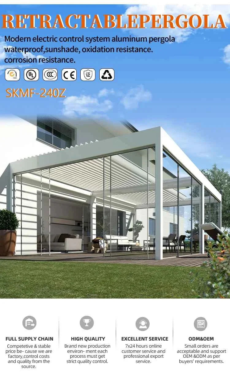 VMotorized Retractable Roof Pergola - Automatic PVC Gazebo & Metal Folding Roof System
