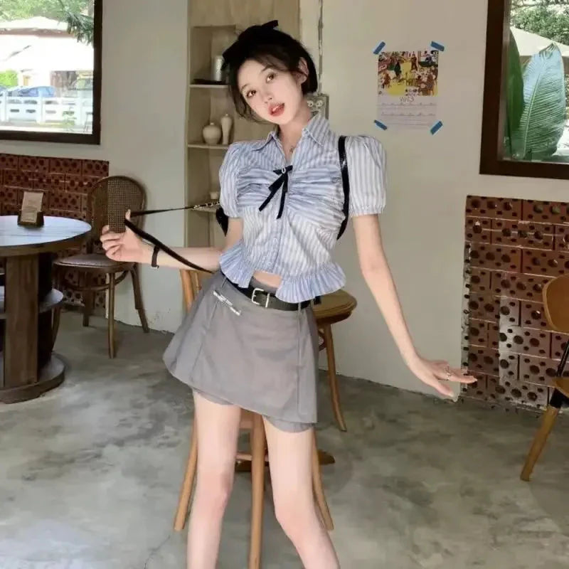 Bow-rinked Striped Shirt for Women Summer French Sweet and Spicy Puff Sleeve Shirt Short Short Sleeve Top