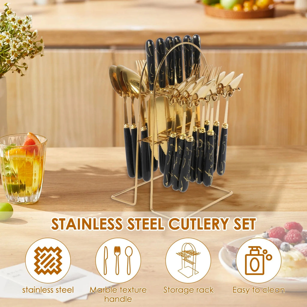 24 Pcs Silverware Set with Hanging Holder Stainless Steel Flatware Set Service for 6 Utensils Set Mirror Polished Tableware Set