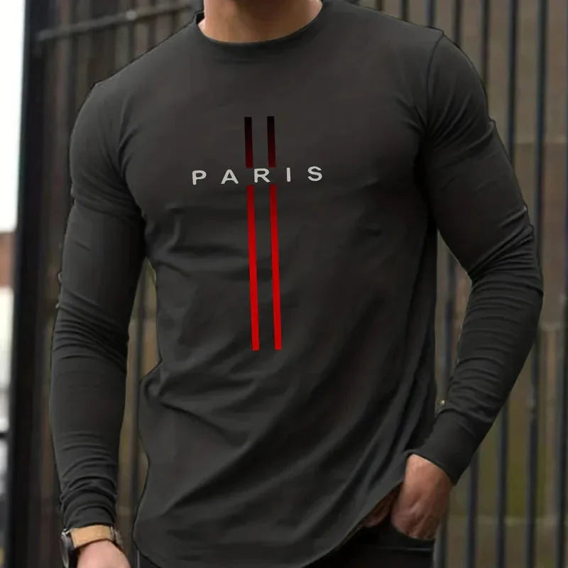 Men's Spring and Autumn 100% Cotton Loose and Comfortable Casual Paris Pattern Printed Round Neck Long Sleeve T-shirt