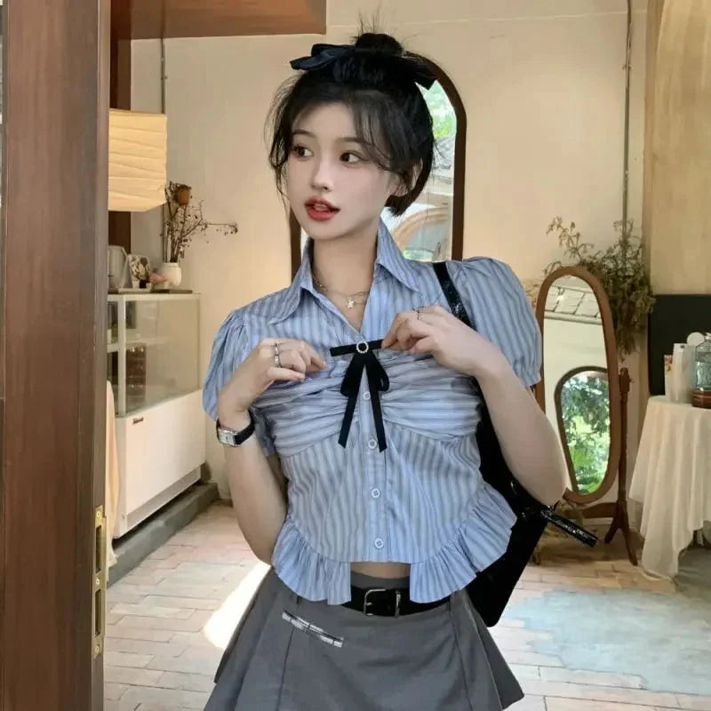 Bow-rinked Striped Shirt for Women Summer French Sweet and Spicy Puff Sleeve Shirt Short Short Sleeve Top