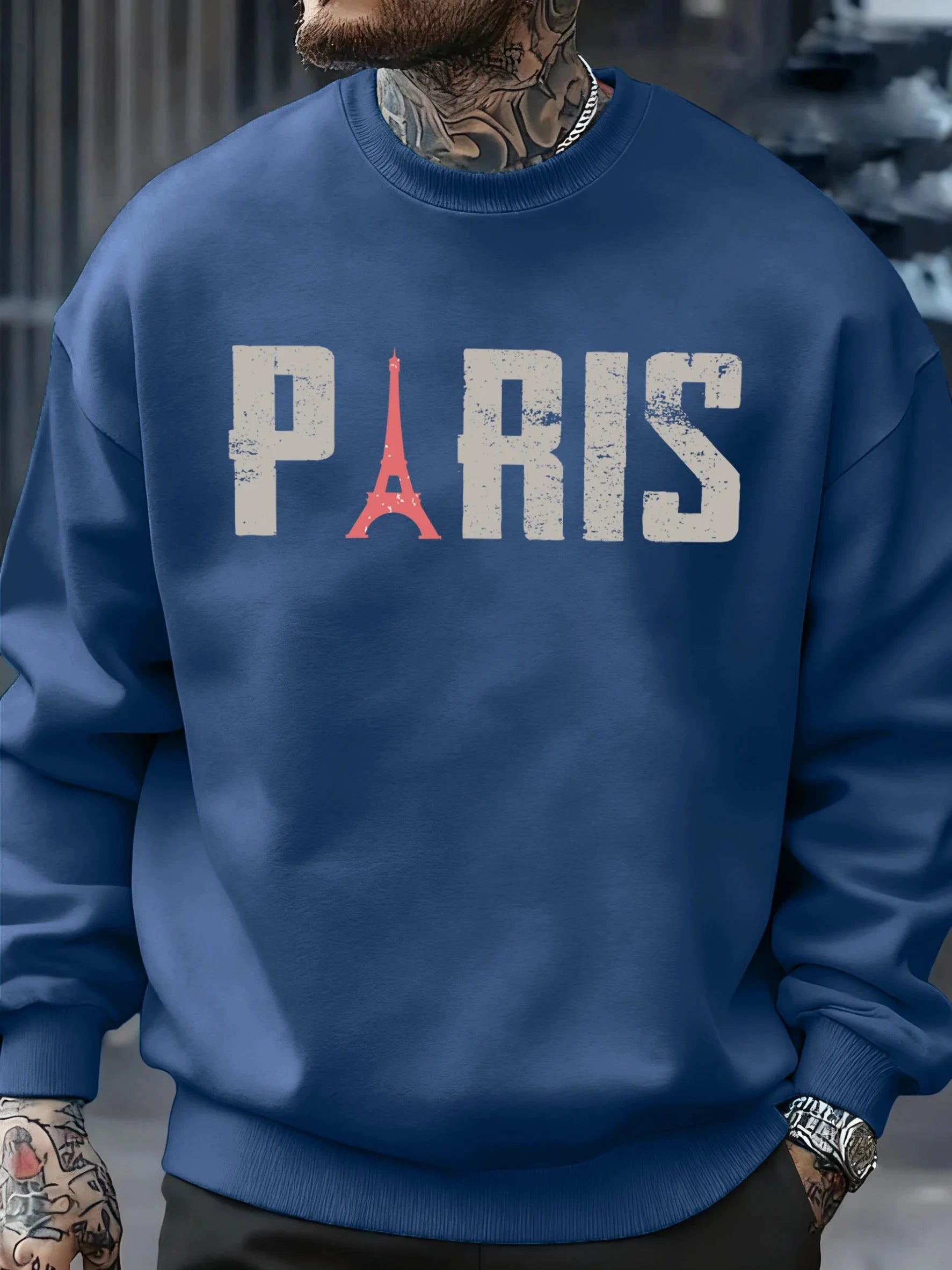 Famous Paris Tower Pattern Sweatshirt Men O-Neck Clothes Autumn Fleece Retro Pullover Loose Unisex Colour Fashion Streetwear