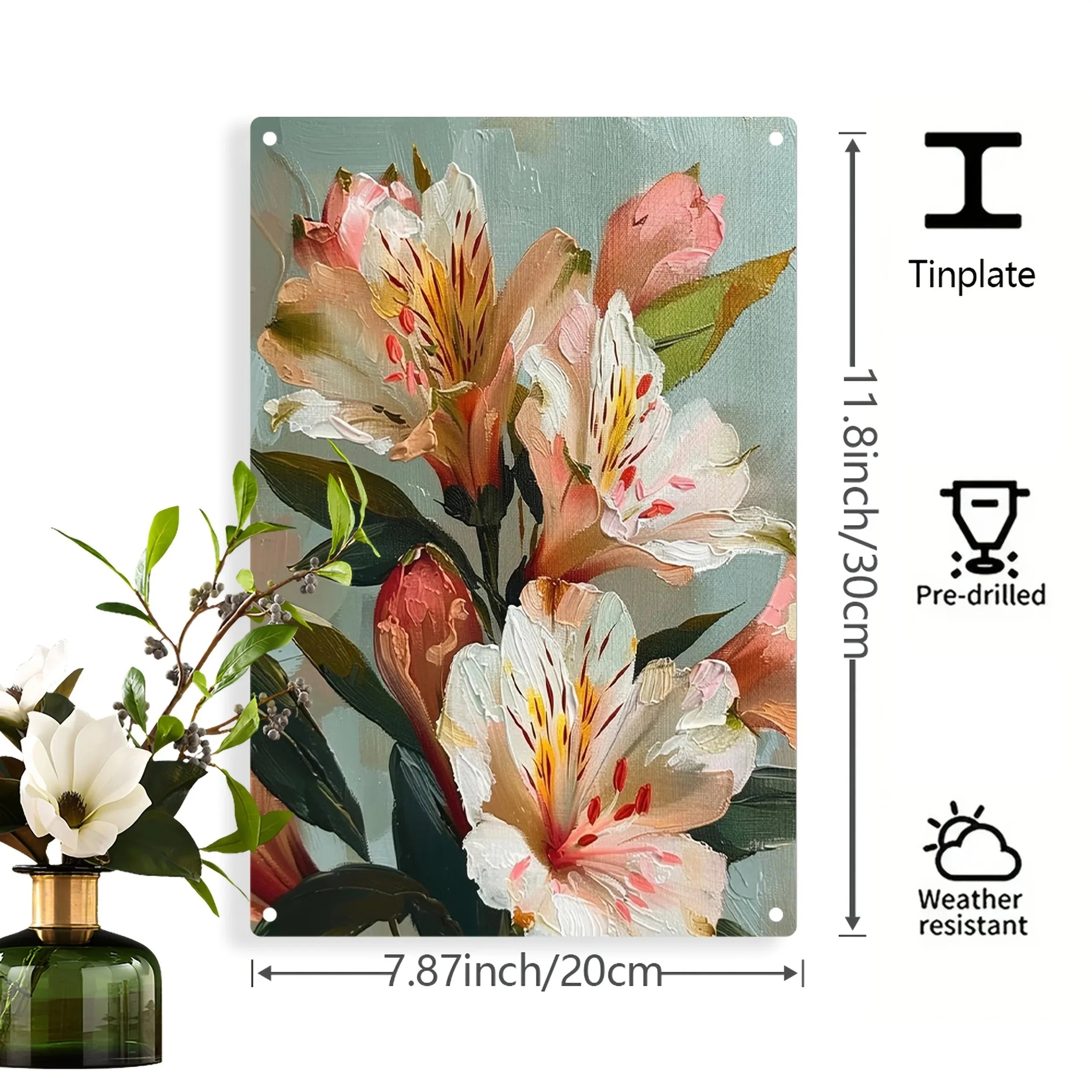 Vibrant 2D Flat Metal Wall Art - Weather-Resistant Tin Plaque with Flowers, 7.87x11.8 Inch, Ideal for Indoor/Outdoor Decor