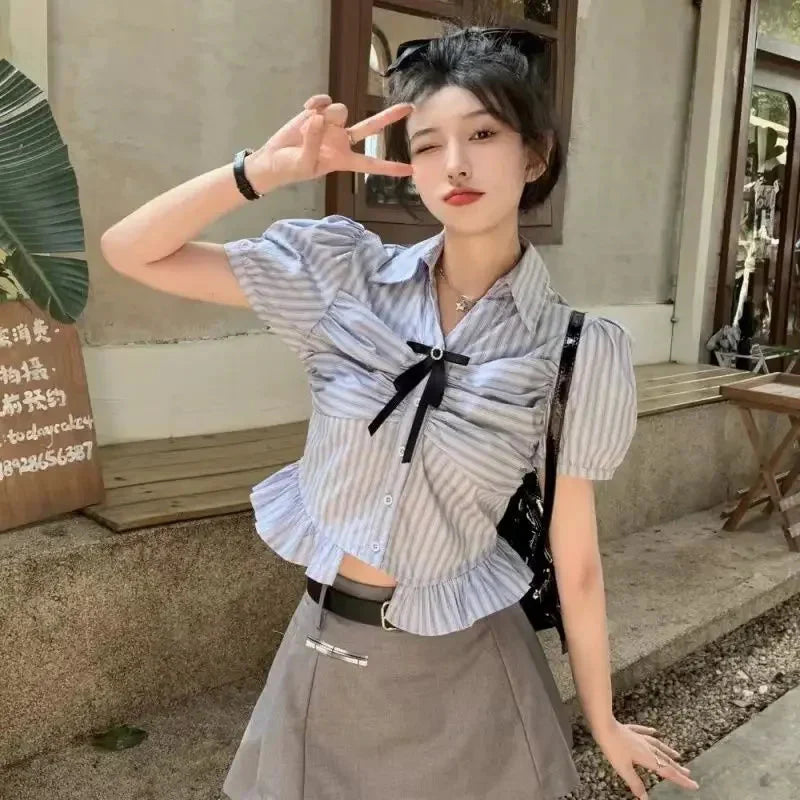 Bow-rinked Striped Shirt for Women Summer French Sweet and Spicy Puff Sleeve Shirt Short Short Sleeve Top