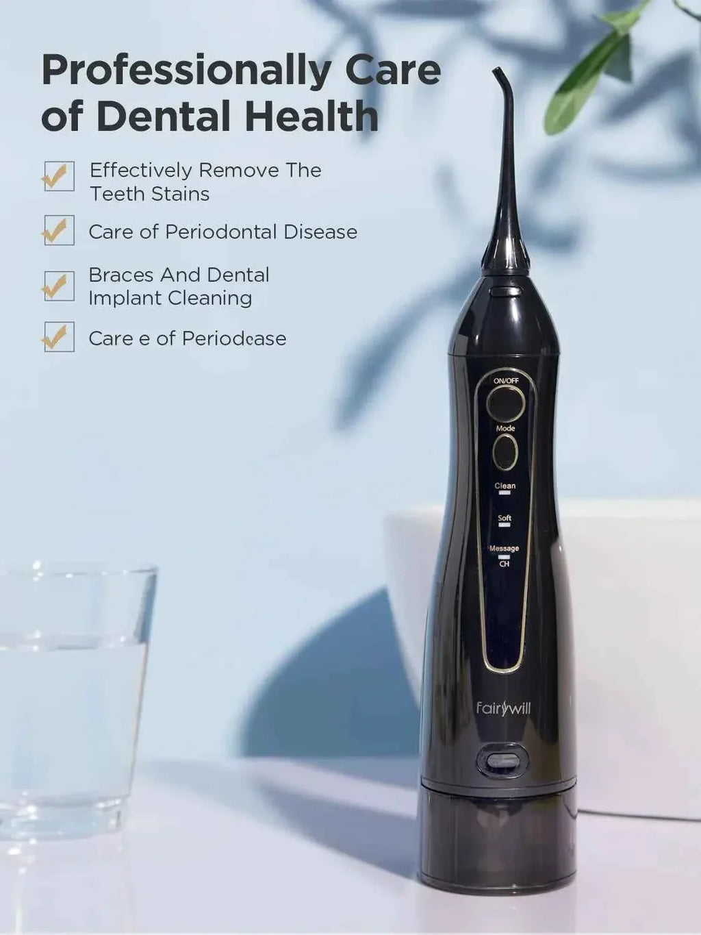 Fairywill Portable Oral Irrigator - 300ML Rechargeable Water Flosser with 3 Cleaning Modes