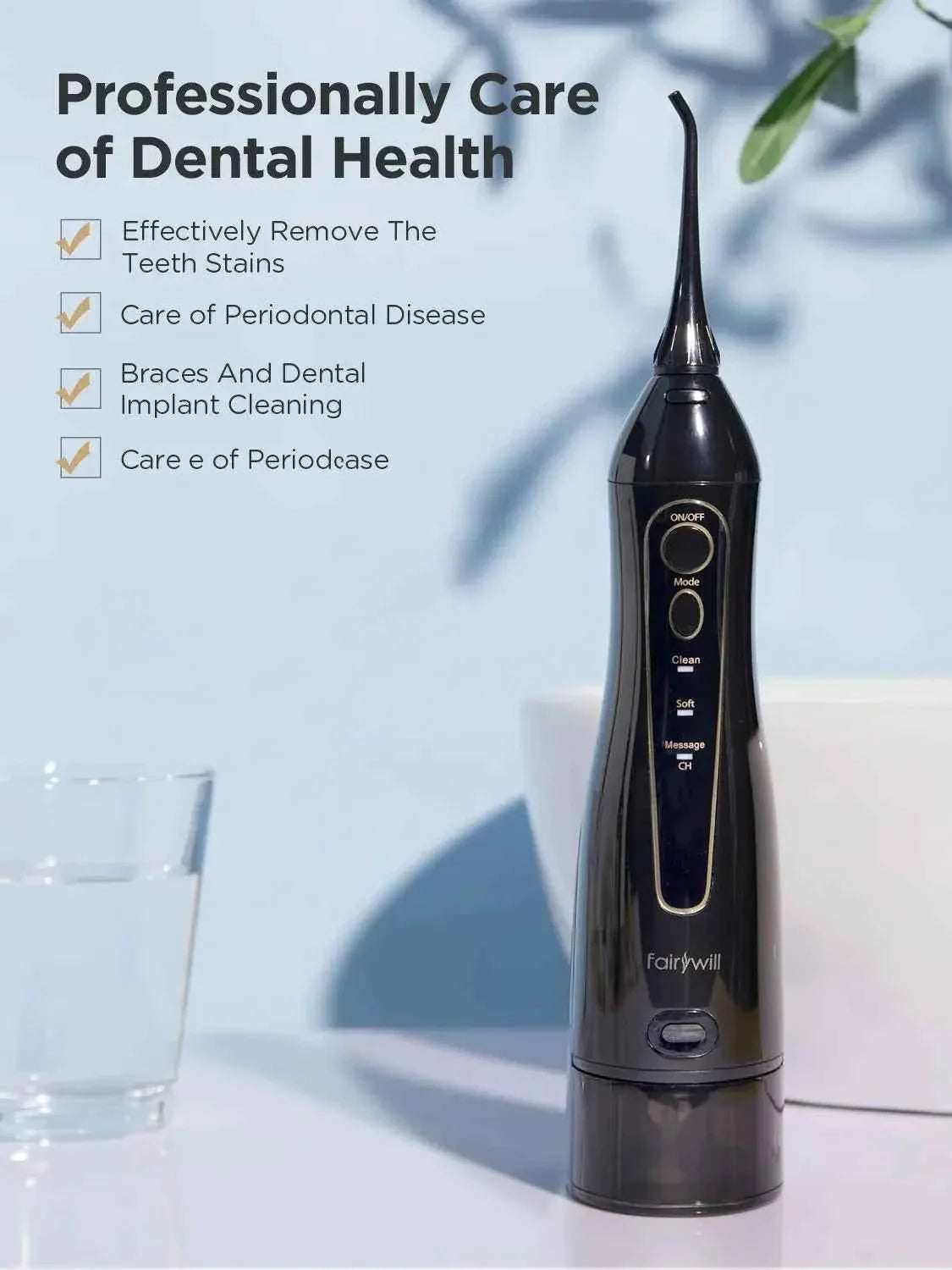 Fairywill Portable Oral Irrigator - 300ML Rechargeable Water Flosser with 3 Cleaning Modes