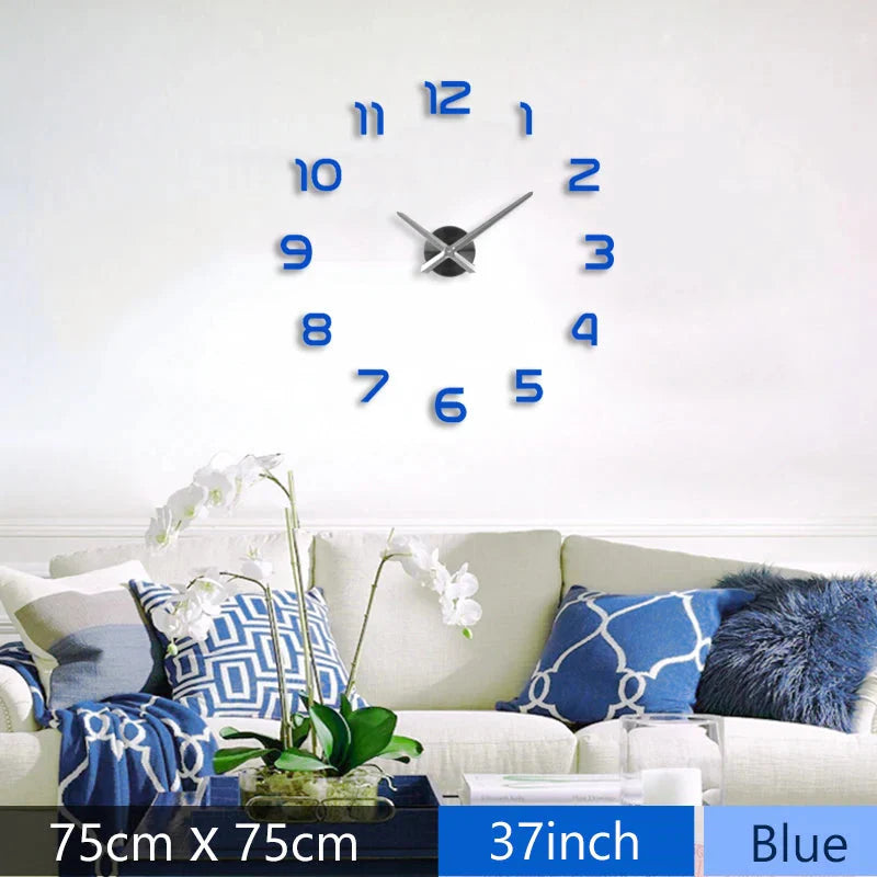 Fashion 3D Mediterranean style big size blue wall clock mirror sticker DIY brief living room decor meetting room wall clock