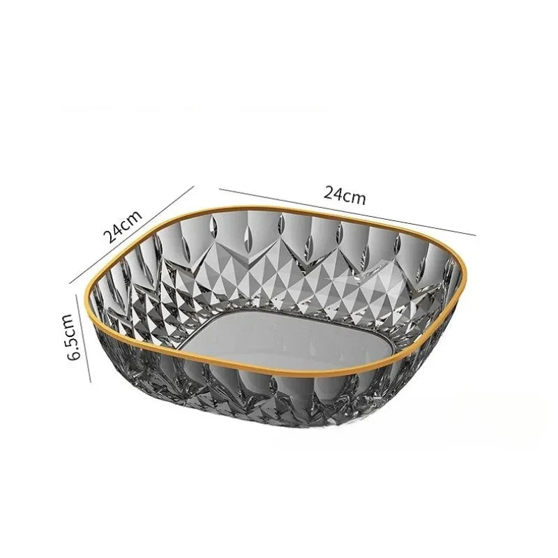 New Household Fruit Bowl Salad Dessert Biscuit Plate Plastic Square Transparent Tray Golden Edge Snack Plates Tableware