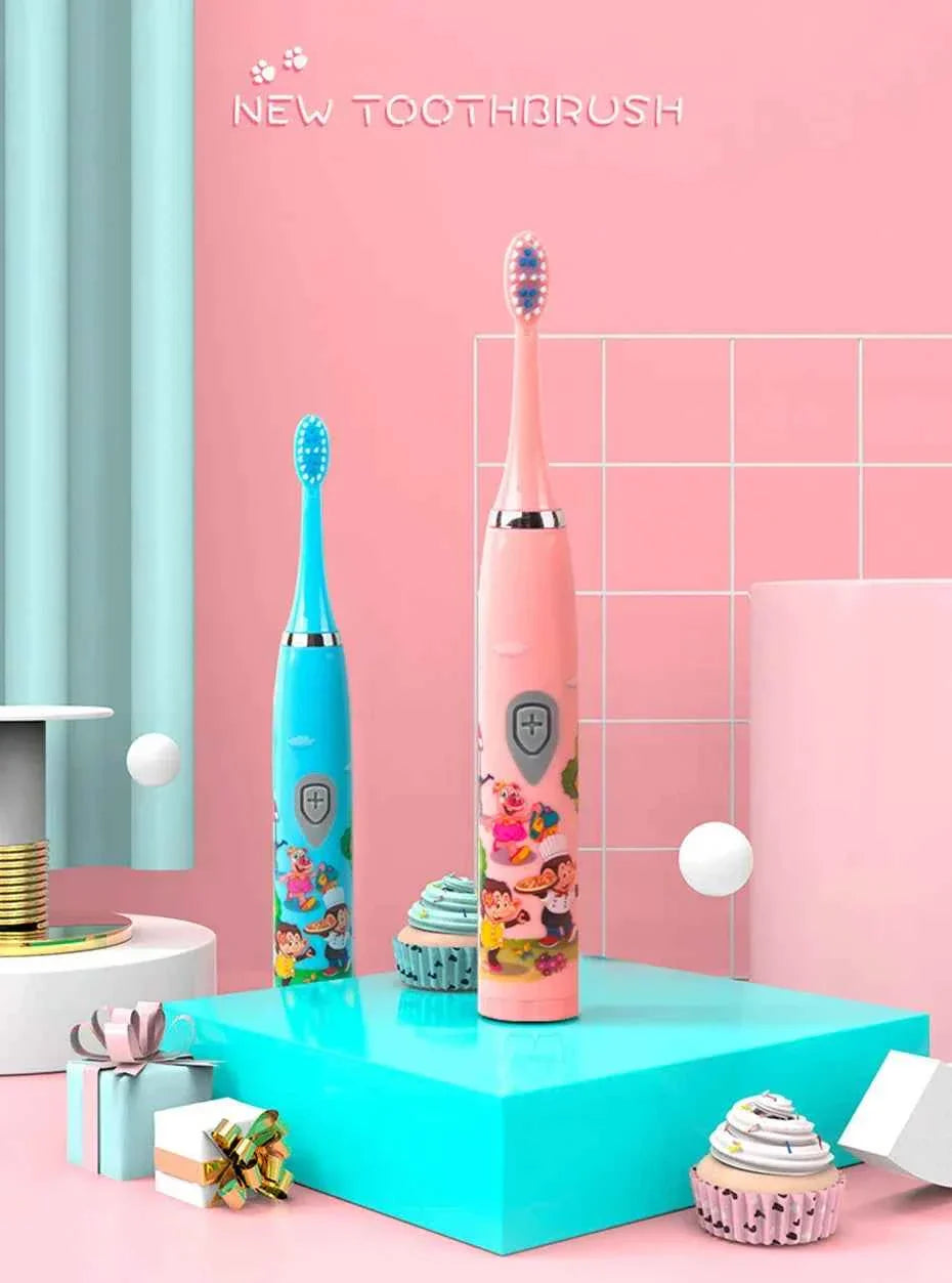 Sonic Children Electric Toothbrush Bright Cartoon With Replacement Heads Ultrasonic Rechargeable Soft Hair Brush Oral Cleaning