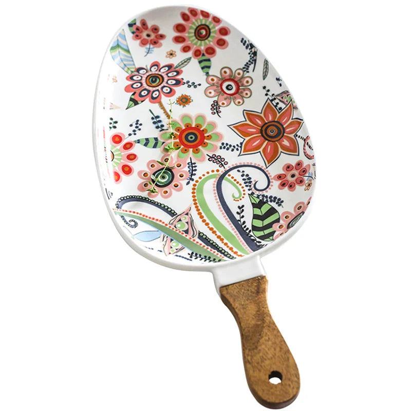 Ceramic Salad Plates with Handle,Porcelain Dinner Plates,Colorful Floral Pattern Serving Plate for Desserts Sandwiches Dishes 접시