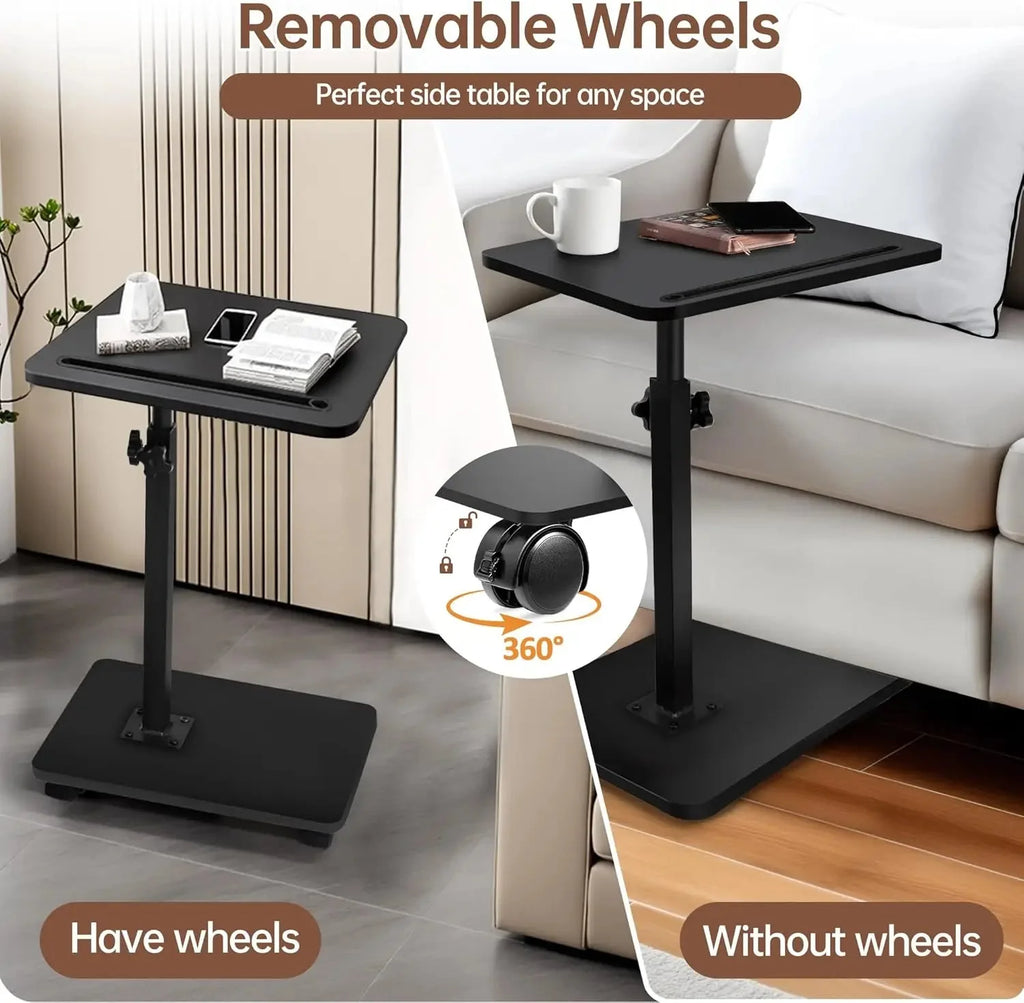 Adjustable Roller Movable Wood Table With Groove For Ipad F360 Rotating Tabletop Mobile Stand Home Office Tray Standing Rolling