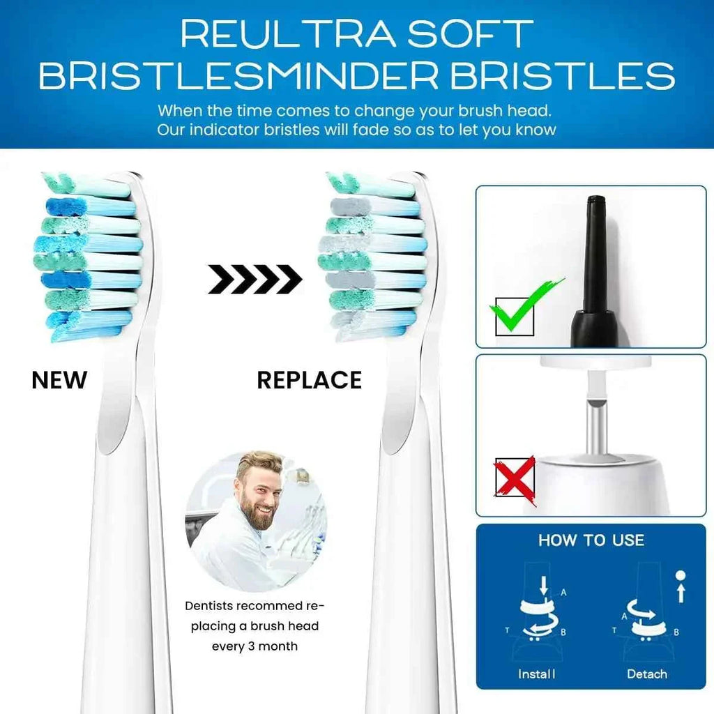 Premium Replacement Toothbrush Heads for Fairywill & Seago - Du Pont Bristles - Compatible with FW-507/508/D1/D3/D7