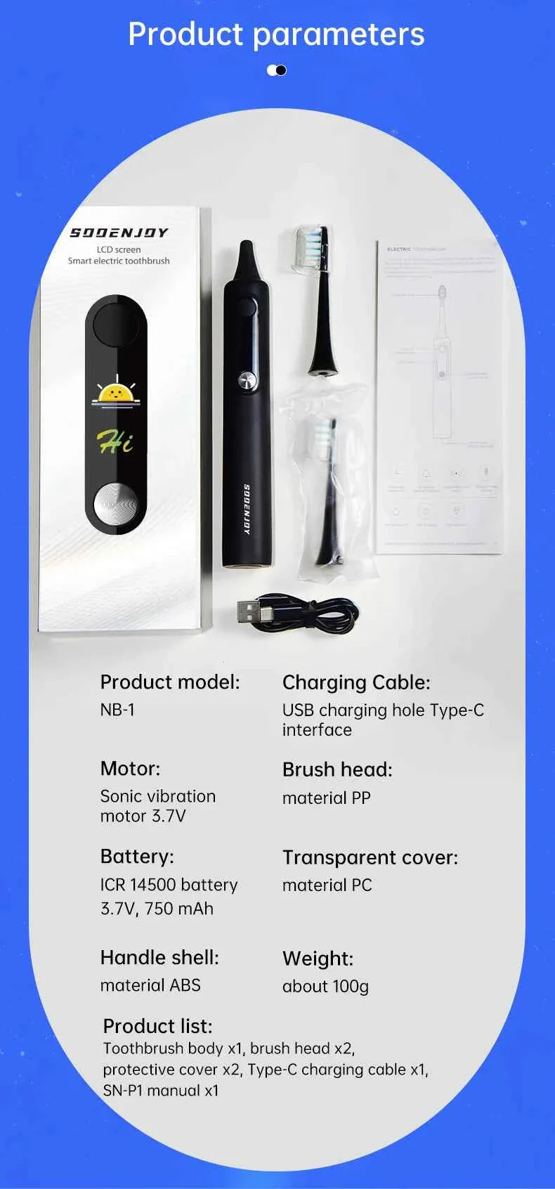 SOOENJOY Sonic Electric Toothbrush Smart LCD Screen Sonic Tooth Brush DIY Mode Automatic Cleaner Adult NB-1 Teethbursh