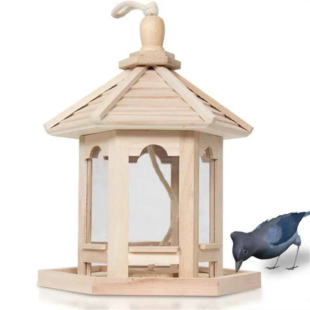 Creative House Shape Bird Feeder House Hanging Wooden Pet Feeder Box Bird Food Dispenser Outdoor