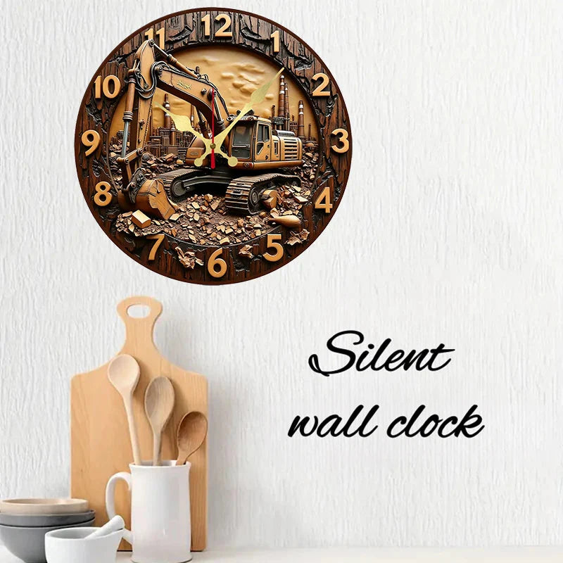 Excavator Industrial Wooden Round Silent Hanging Wall Clock, Suitable For Living Room,Office,Study Room,Bedroom, Home Decoration