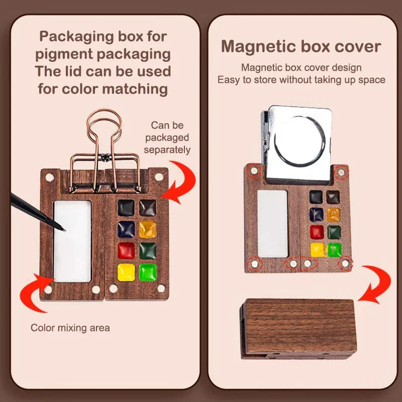 1pc Art Supplies Sketchbook Palette Mini Walnut Wood Watercolor Palette Portable Paint Box With Clip Travel Painting Paint Tray