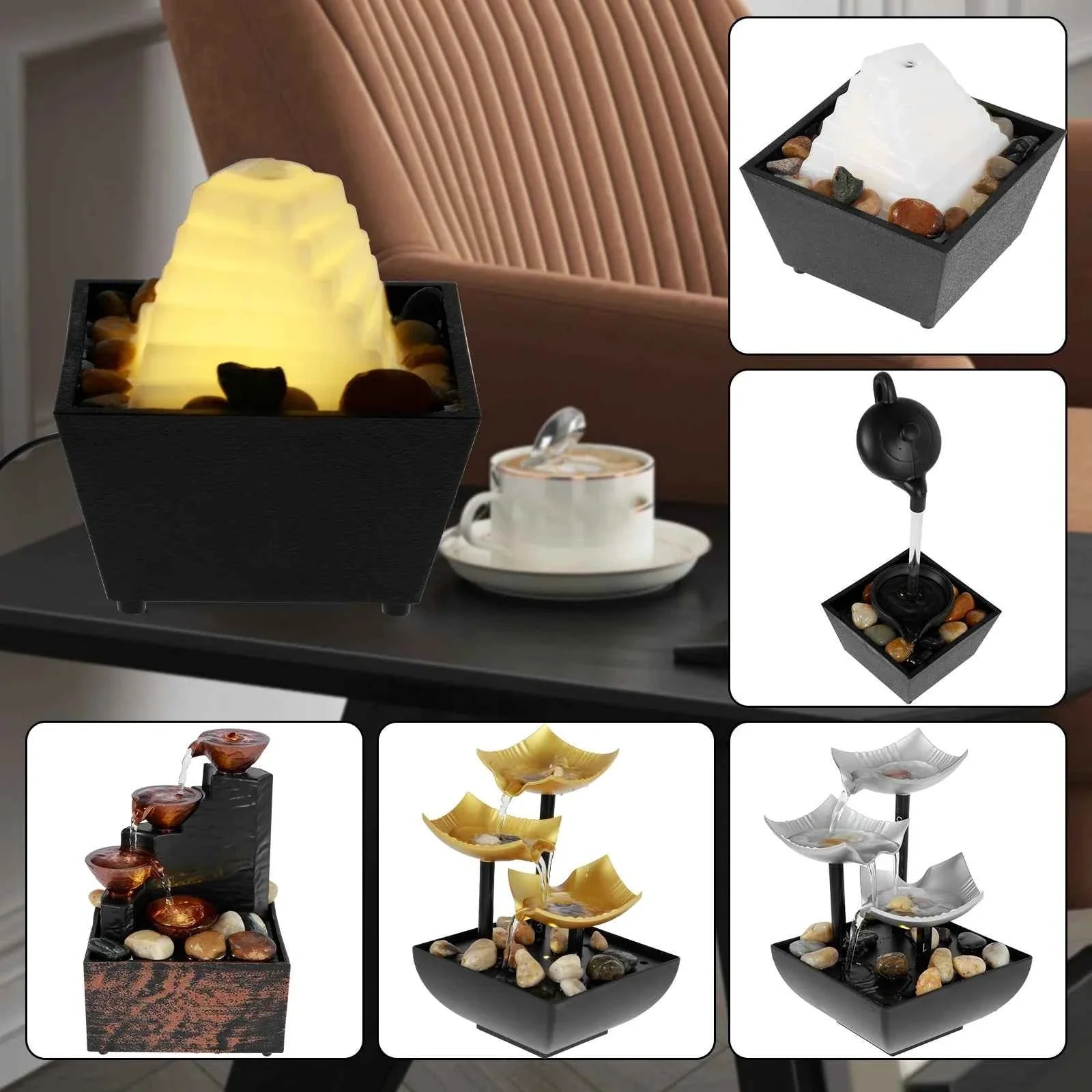 Tabletop Fountain Small Waterfall Fountain Desktop Decor With Light And Pebble USB Powered Sound Relaxation Fountain Ornament