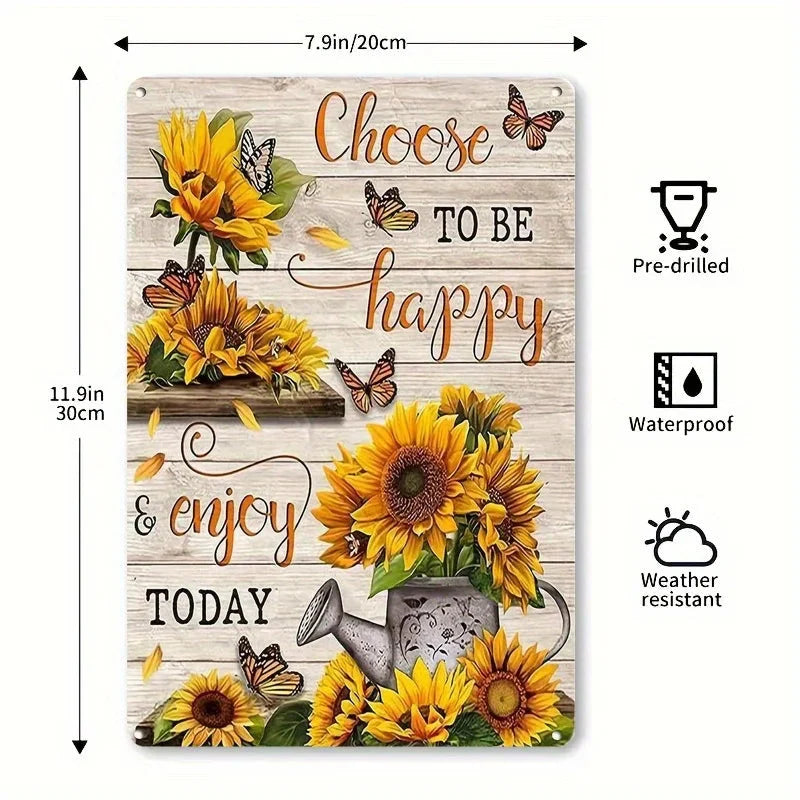 Rustic Iron Wall Sign | Vintage Sunflower & Butterfly | 'Choose to Be Happy' Motivational Quote | 8x12 Inch Metal Art