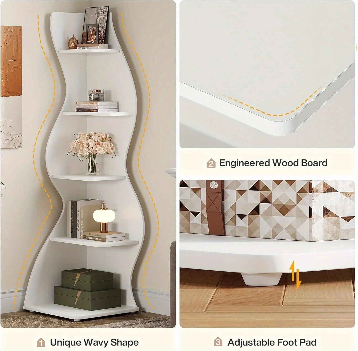 5-Tier Wave Bookshelf  Modern curved corner shelf with metal frame and wooden shelves, white finish, sturdy floor design bedroom