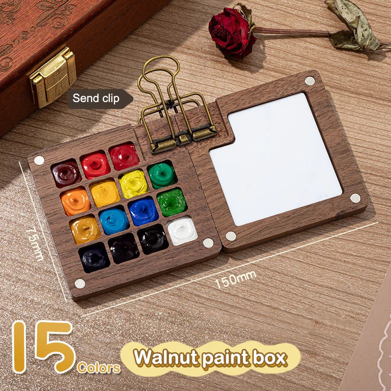 1pc Art Supplies Sketchbook Palette Mini Walnut Wood Watercolor Palette Portable Paint Box With Clip Travel Painting Paint Tray