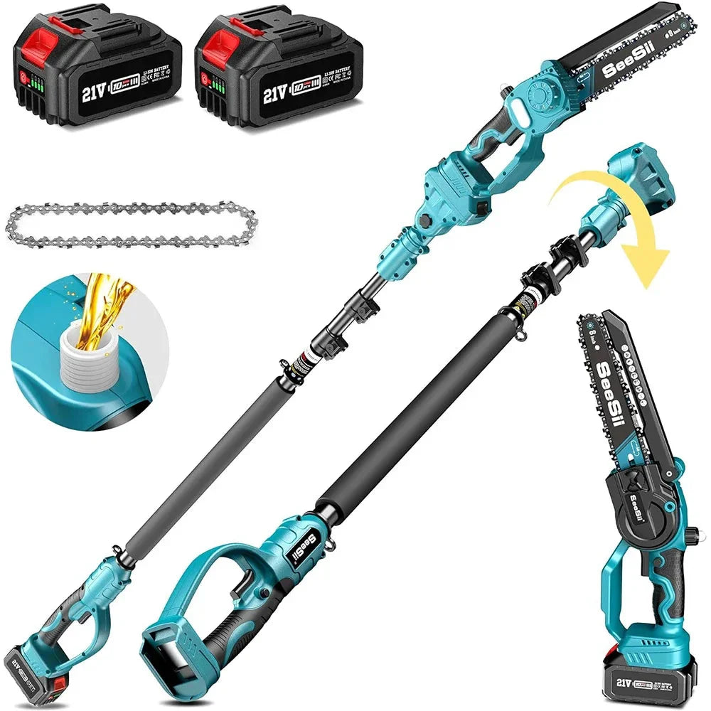 Seesii 2 in 1 Cordless 6" 8'' Pole Saw Mini Chainsaw Power Electric Polesaw Chain Saw with Extension Pole for Tree Trimming