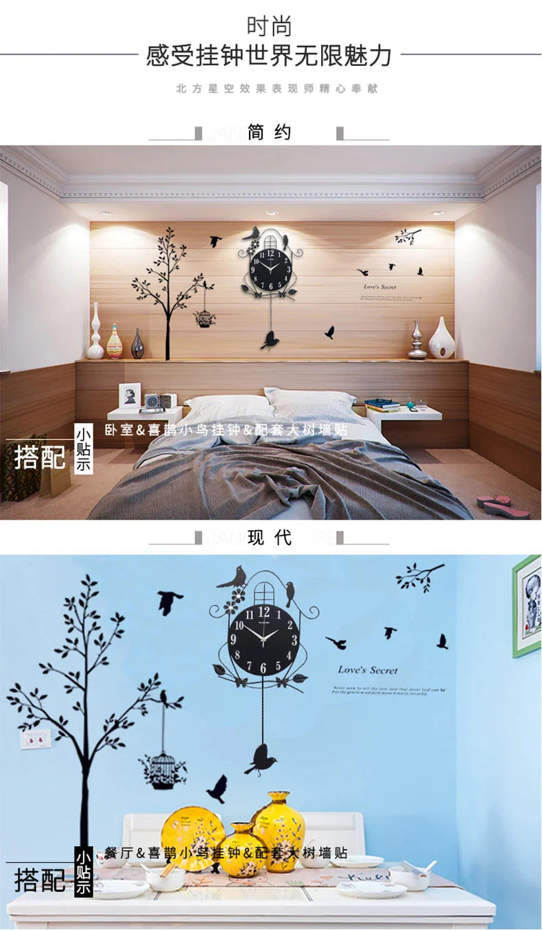 Creative Black Iron Swing Hanging Bird Wall Clock, Durable, Electronic, Large, Arts And Crafts, Modern Design