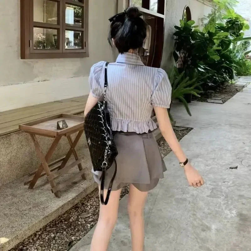 Bow-rinked Striped Shirt for Women Summer French Sweet and Spicy Puff Sleeve Shirt Short Short Sleeve Top