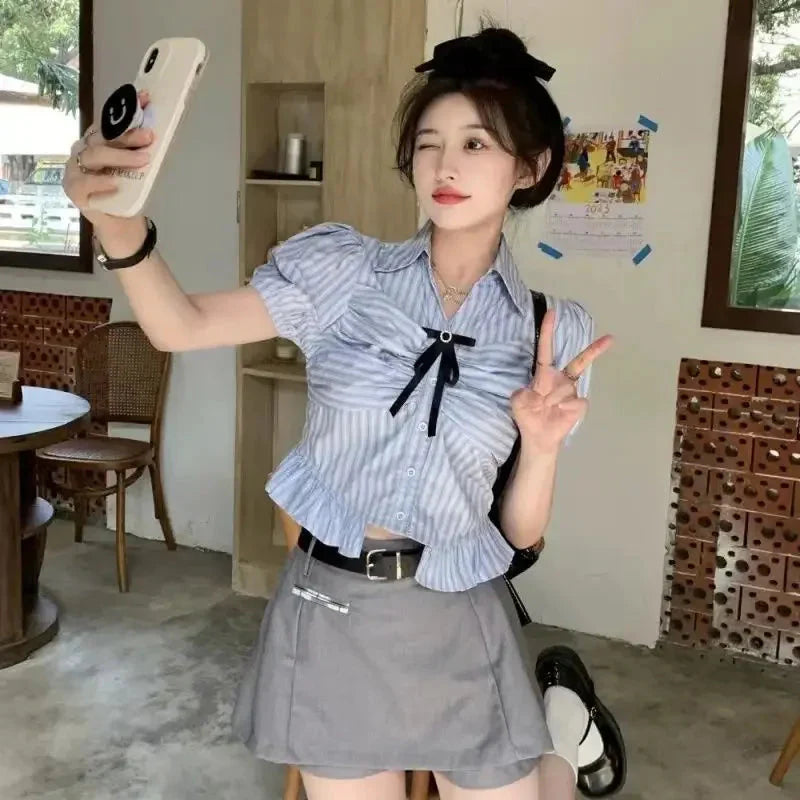 Bow-rinked Striped Shirt for Women Summer French Sweet and Spicy Puff Sleeve Shirt Short Short Sleeve Top