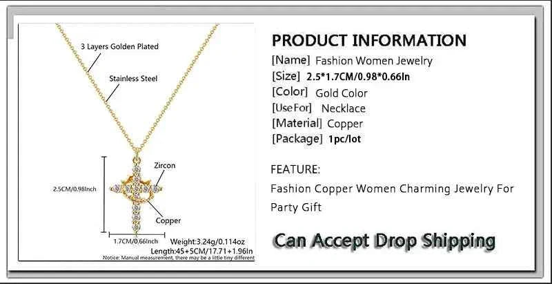 SUNSLL Cubic Zircon Rotatable Crown Cross Pendant Necklaces Classic Stainless Steel Chain Banquet Party Jewelry For Women Men