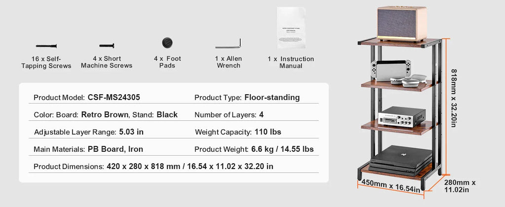 SucceBuy 4-Tier AV Media Stand Audio/Video Stand with Strengthen Tempered Glass Shevles for DVD Adjustable Media Storage Cabinet