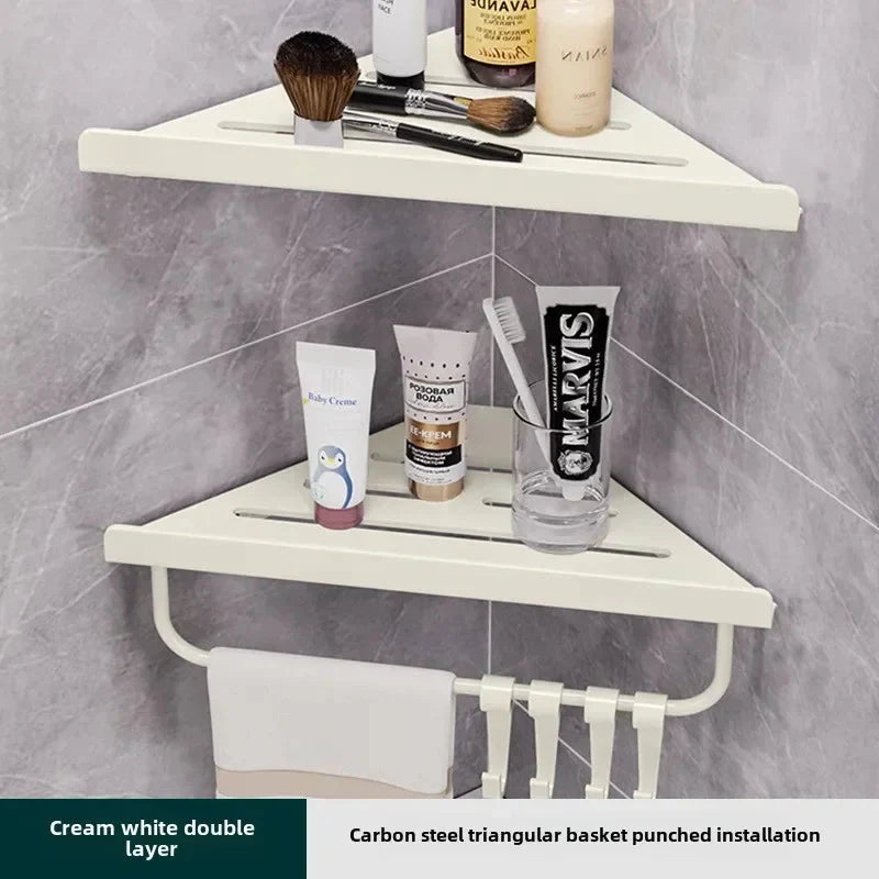 Bathroom Triangle Drain Shelf No Drilling Wall Mounted Cosmetic and Toiletries Hollow Carbon Steel Shelf with Hooks