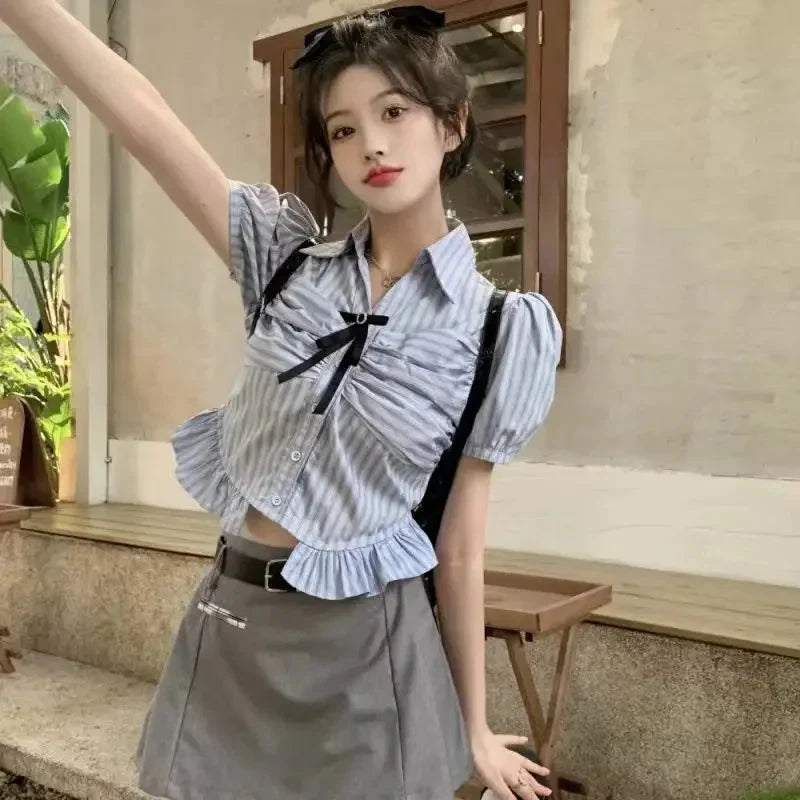 Bow-rinked Striped Shirt for Women Summer French Sweet and Spicy Puff Sleeve Shirt Short Short Sleeve Top