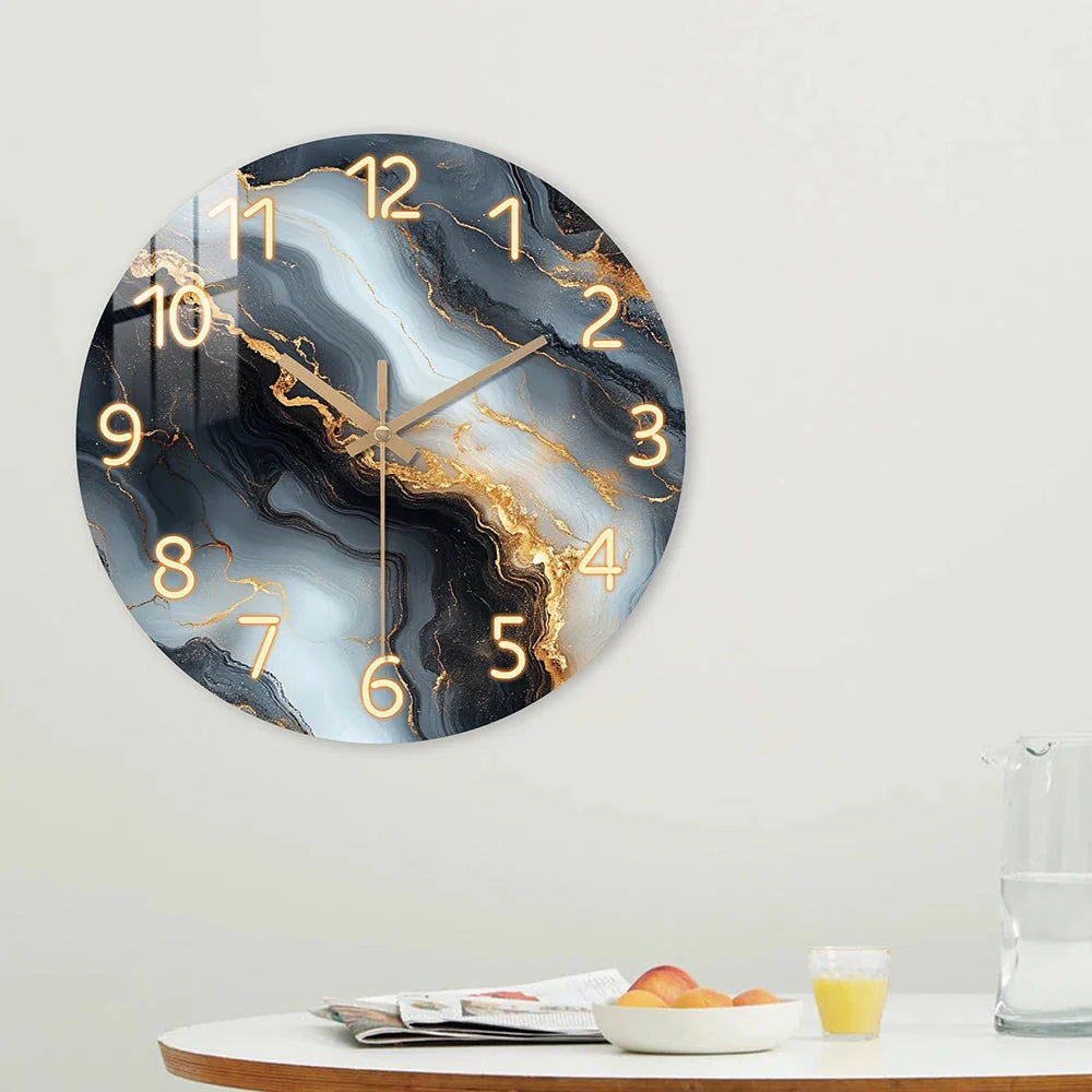 1 piece wooden wall clock, fantasy theme - blue and gold marble - like texture pattern tempered film veneer silent clock, suitab