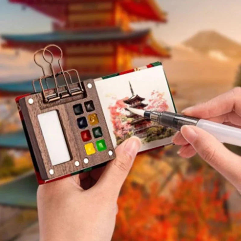 1pc Art Supplies Sketchbook Palette Mini Walnut Wood Watercolor Palette Portable Paint Box With Clip Travel Painting Paint Tray
