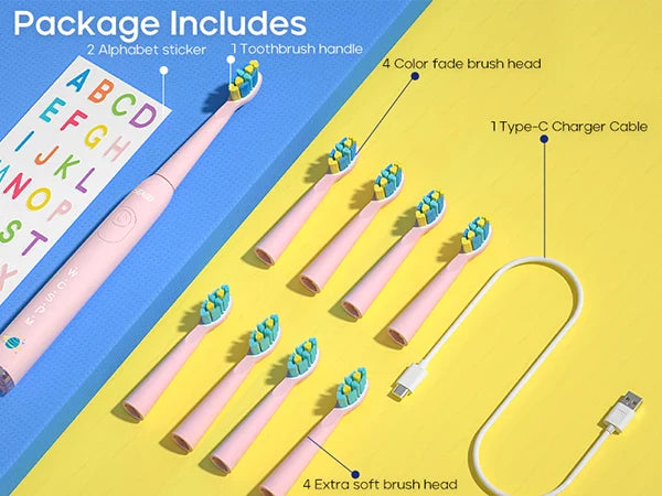 Children Electric Toothbrush with 8 Replacement Heads DIY Stickers 5 Cleaning Modes Blue Pink Yellow 3 Colors Soft Bristles