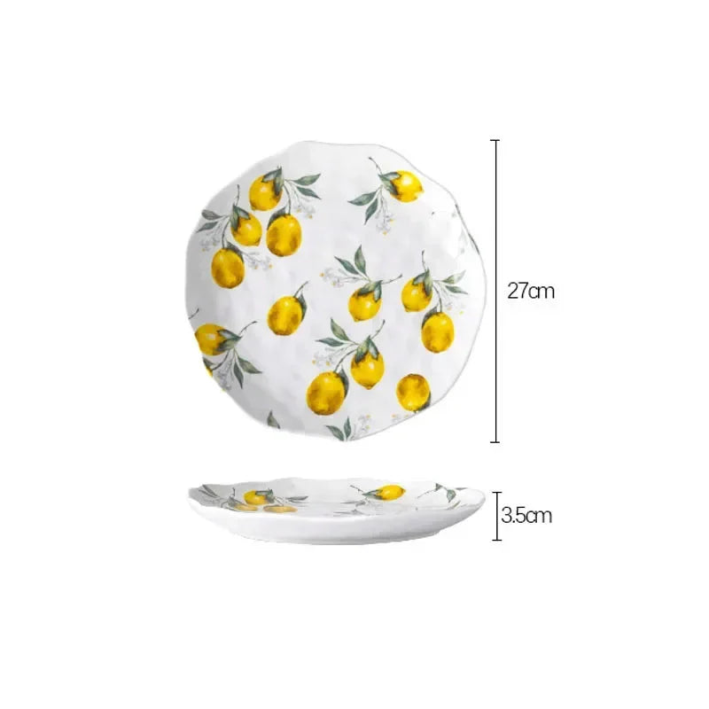 European Ceramic Plate Creative Rural Style Breakfast Bread Plate Hand Drawn Lemon Desktop Fruit Salad Plates Kitchen Tableware