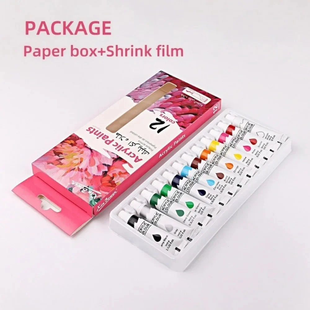 12 Color Acrylic Paint Set 9ml Tubes Waterproof Art Supplies for Beginner Artists DIY Painting on Canvas Wall Art Stationery
