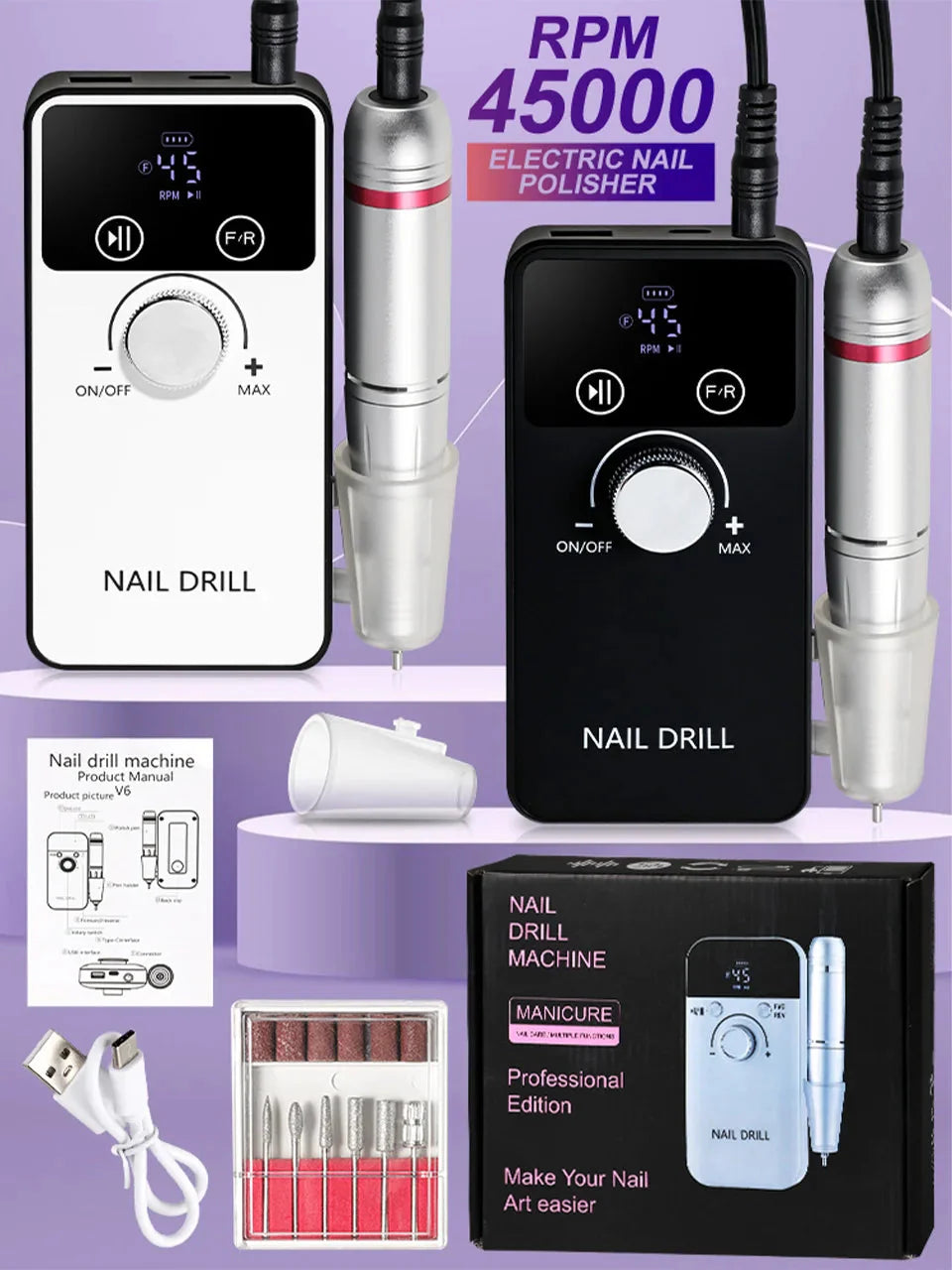 45000RPM Professional Nail Drill Machine Rechargeable Low Noise Electric Nail Drill Sander File for Manicure Gel  Polish Tool