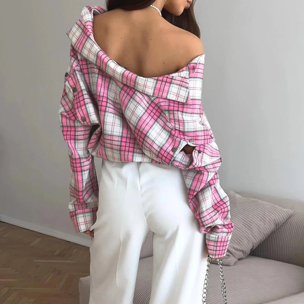Pink Plaid Shirt for Women in Europe and America New Versatile Loose Shirt for Women Removable Long-sleeved Lapel Top