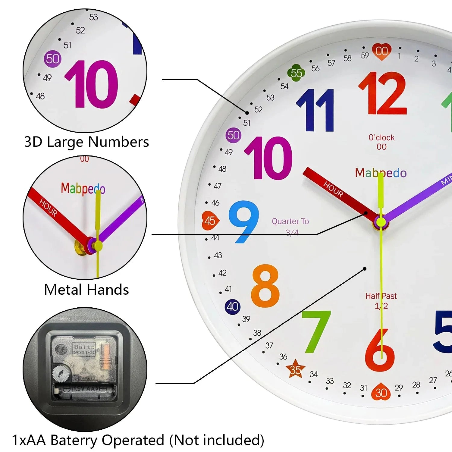 Early Education Wall Clock Colorful Number Kids Learning Time for School Classroom Bedrooms Silent Analog Clock 8/10/12 Inch