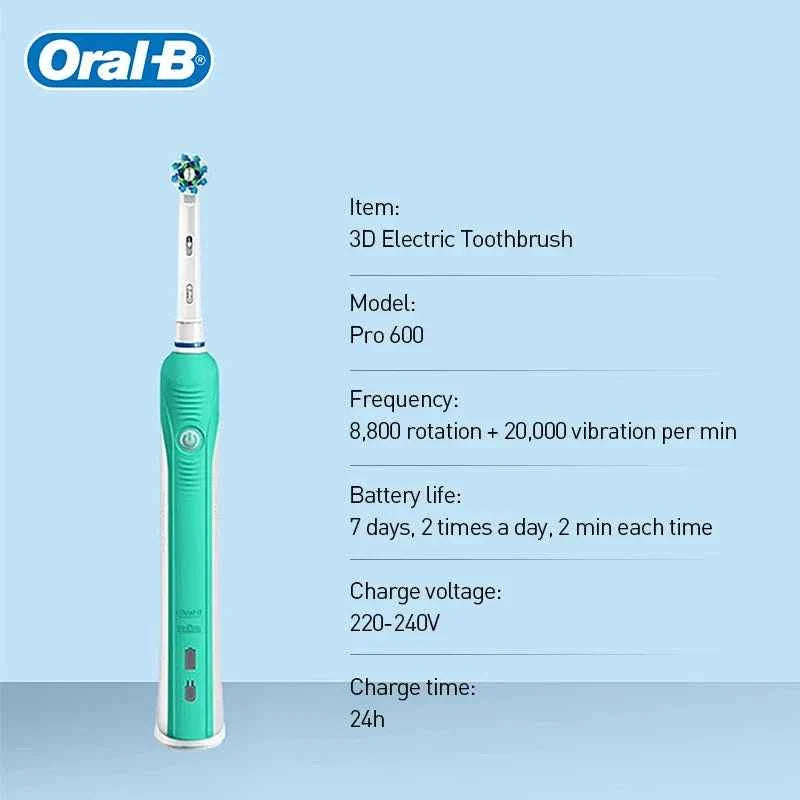 Oral B Pro600 Electric Toothbrush Rotation Oral Cleaning Teeth Whitening Cleaner Brush  2 Mins Timer Rechargeable Toothbrush