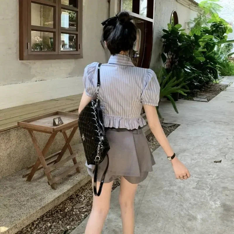 Bow-rinked Striped Shirt for Women Summer French Sweet and Spicy Puff Sleeve Shirt Short Short Sleeve Top